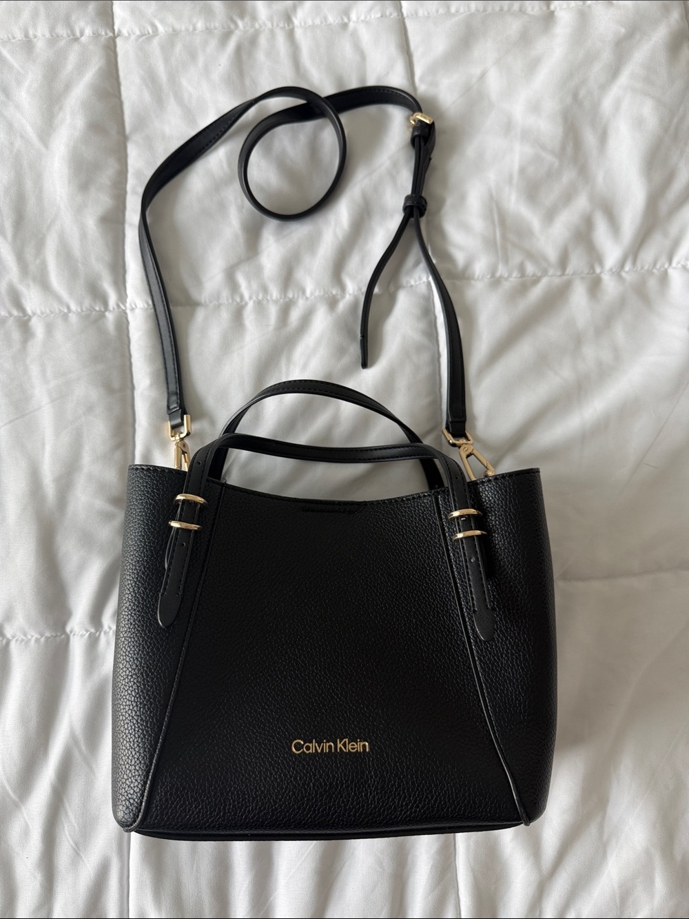 Calvin Klein Black Pebble Leather Satchel with Gold Accents